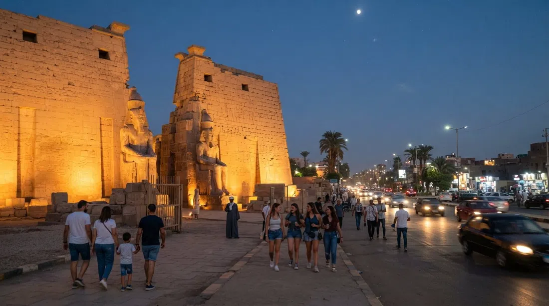 Templo de Lúxor al atardecer en el centro de Lúxor, las colosales estatuas de Ramsés brillando bajo reflectores con el tráfico de la Corniche justo más allá
