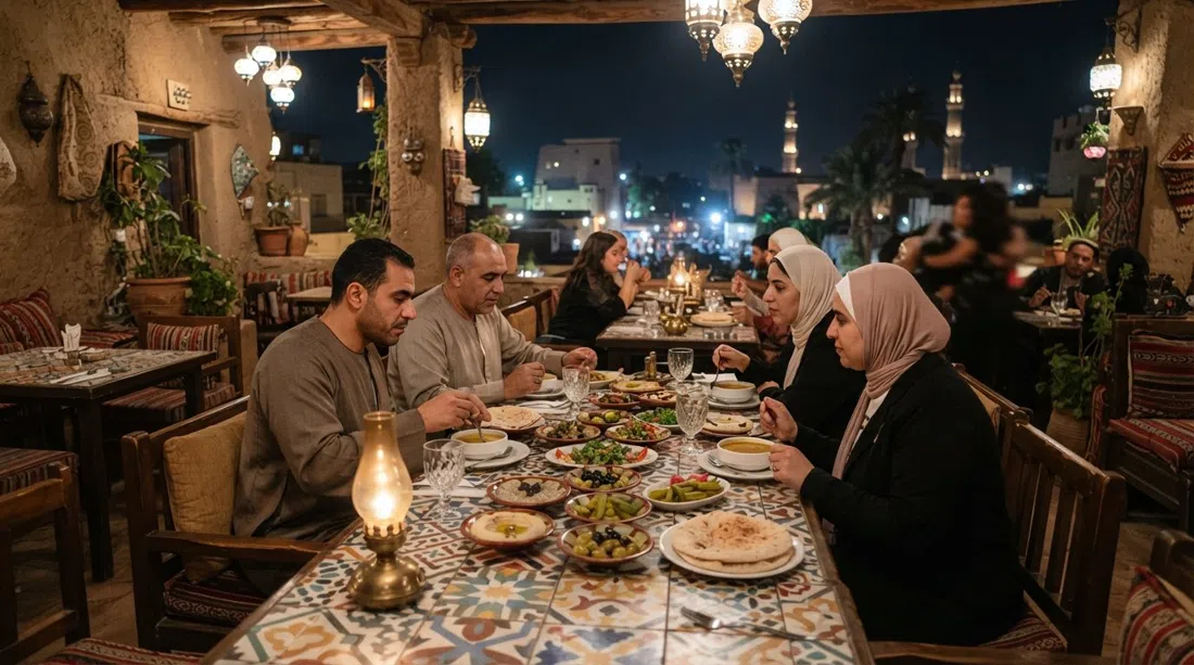 Sofra Restaurant & Café en Lúxor, una habitación en la azotea iluminada con lámparas en una casa restaurada de los años 30 con mesas de azulejos y mezze sobre la mesa