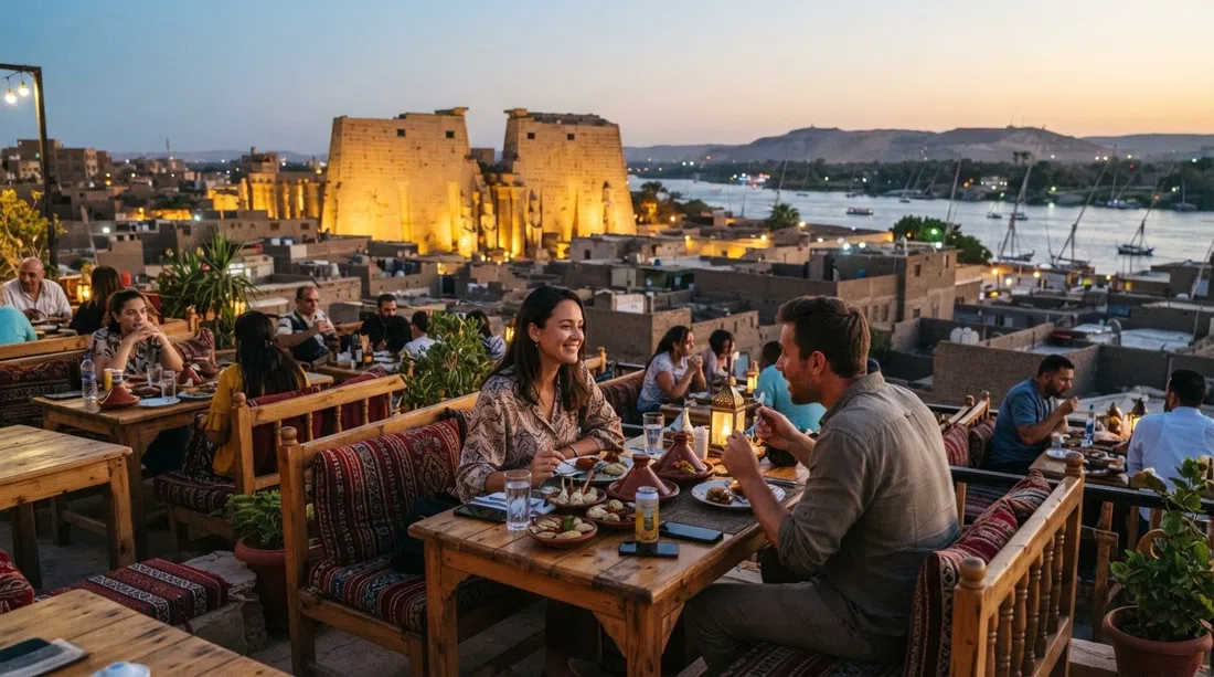 una cena en la azotea en Al-Sahaby Lane en Lúxor al atardecer, con el Templo de Lúxor iluminado al fondo y el Nilo más allá