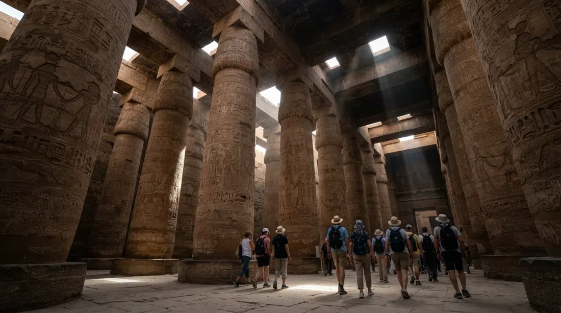 la Gran Sala Hipóstila en el Templo de Karnak en Lúxor, 134 imponentes columnas vistas desde un ángulo bajo con rayos de luz y sombra