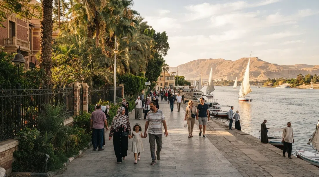 Calle Khaled Ibn El-Walid en El-Awamya al atardecer, jardines de hoteles de cinco estrellas y palmeras bordeando la tranquila ribera del Nilo con el río brillando al fondo