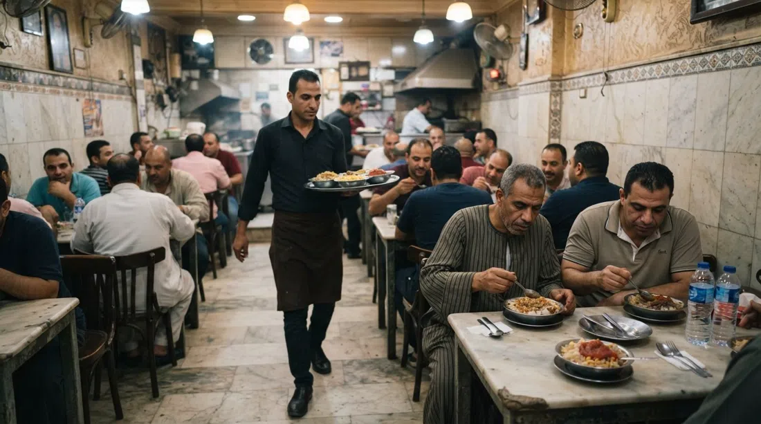El comedor de arriba revestido de mármol en El Zaeem en la calle Television y Al Manshiya, con cuencos de koshari llevados a las mesas bajo luces locales brillantes