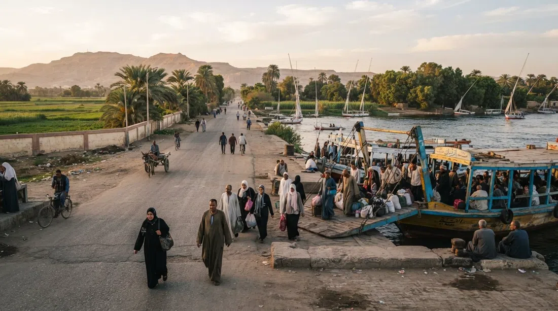el desembarco del ferry público en Al-Gezira en la orilla oeste, con el río, algunos pasajeros esperando y la carretera recta que lleva hacia el interior a los campos