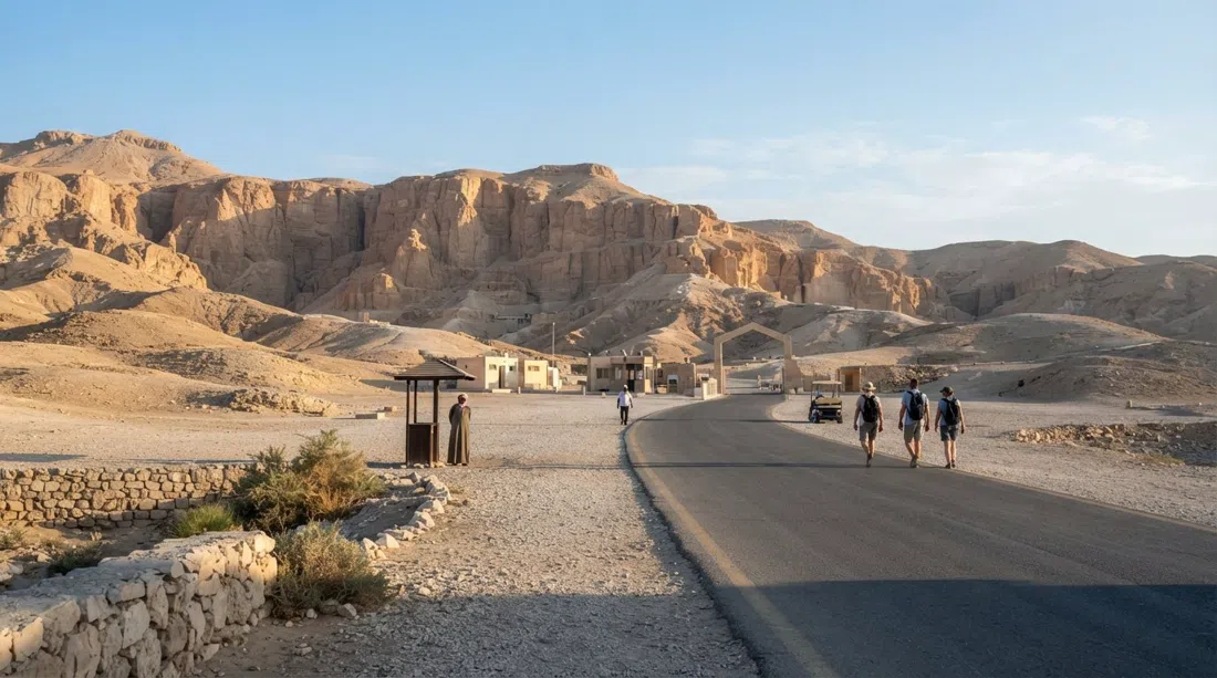 la carretera de entrada al Valle de los Reyes en la luz temprana de la mañana, con colinas desérticas elevándose más allá y la sensación de un sitio que abre antes de que lleguen las multitudes
