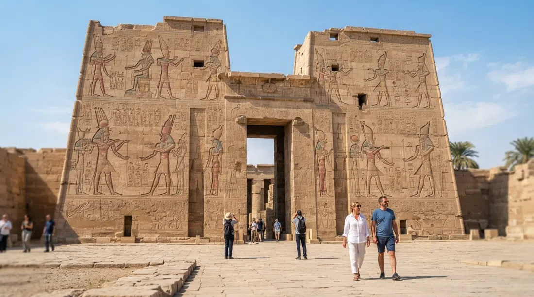 los enormes pilonos de Medinet Habu y los relieves pintados que aún sobreviven bajo el brillante sol del desierto, con color todavía visible en las paredes de piedra