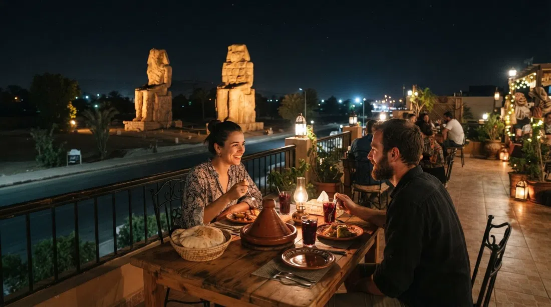 la terraza de Memnon Guesthouse, Restaurant & Cafe de noche, los Colosos de Memnón iluminados brillan al otro lado de la carretera más allá de una mesa de cena con tagine, pan y vasos de zumo