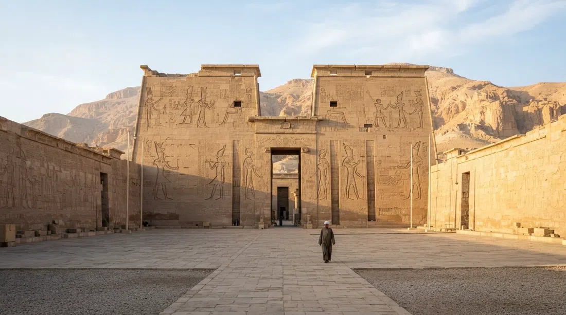 el enorme pilono de Medinet Habu y sus paredes de arenisca talladas a la hora de apertura, el patio vacío y las colinas tebanas al fondo con luz matutina intensa
