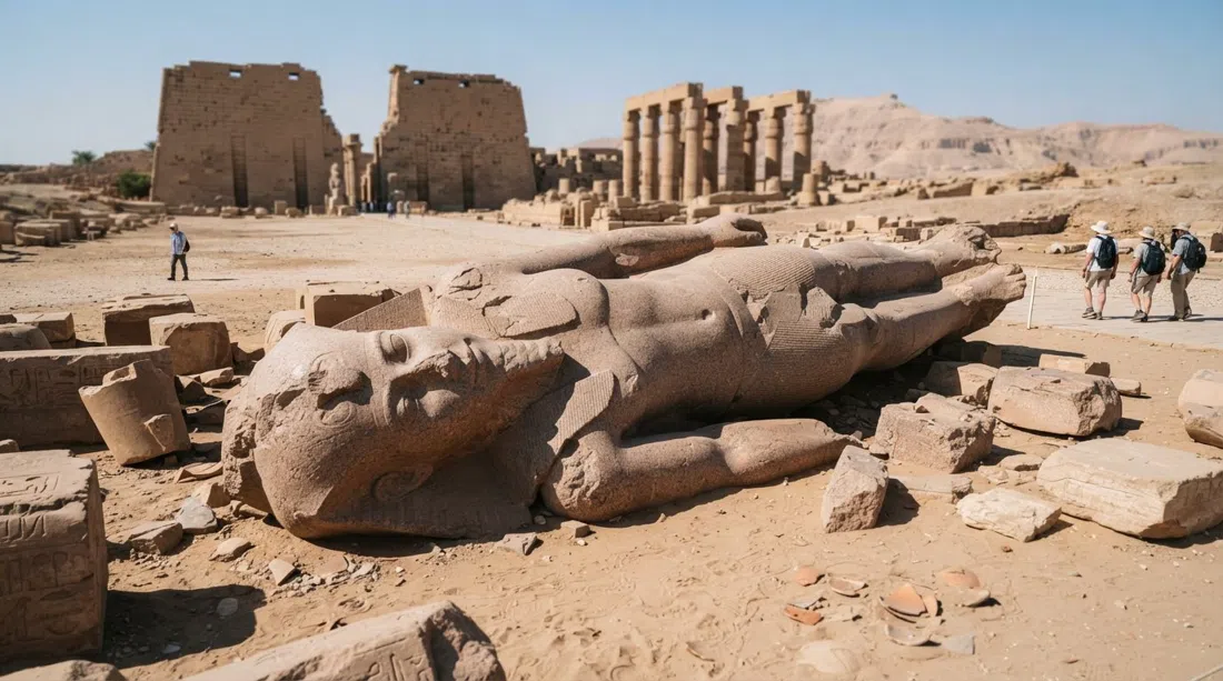 la estatua colosal caída en el Ramesseum yaciendo rota en la arena, fragmentos y bloques de piedra bajo el sol brillante del desierto sin apenas visitantes