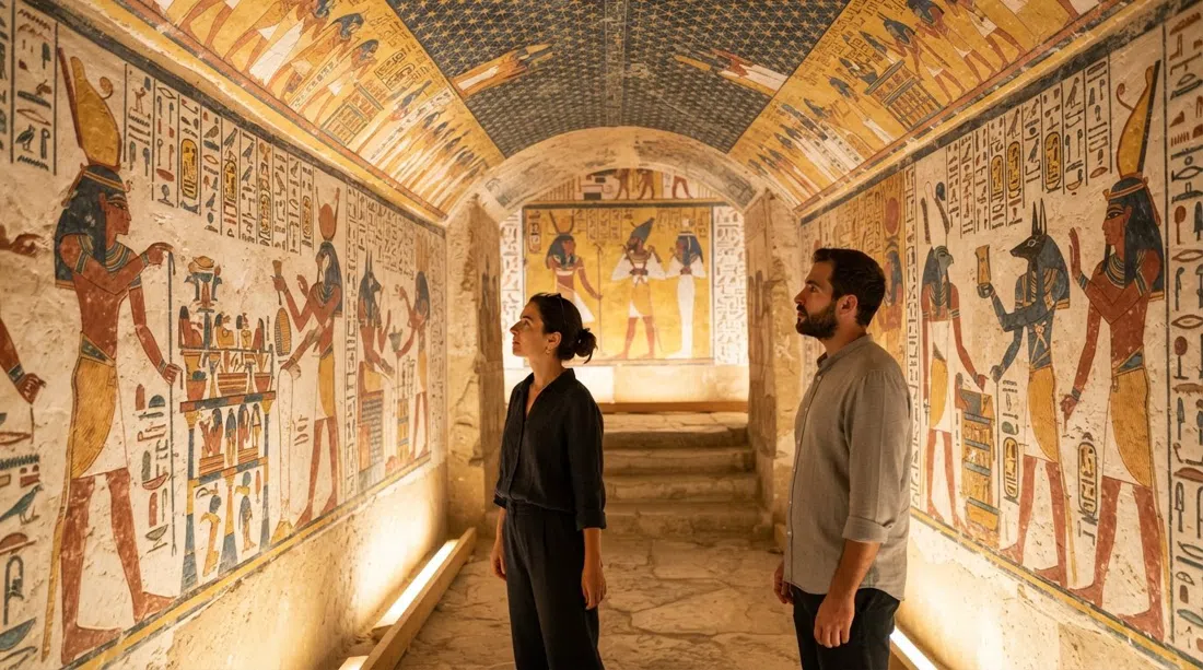 el interior pintado de la tumba de Sennedjem en Deir el-Medina, vívidas escenas murales brillando bajo luz eléctrica suave con figuras y jeroglíficos intactos