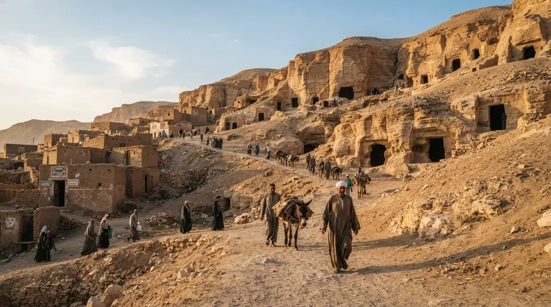 la ladera de acceso a Sheikh Abd el-Qurna con entradas de tumbas excavadas en la roca en los acantilados tebanos y luz dorada y seca al final de la tarde