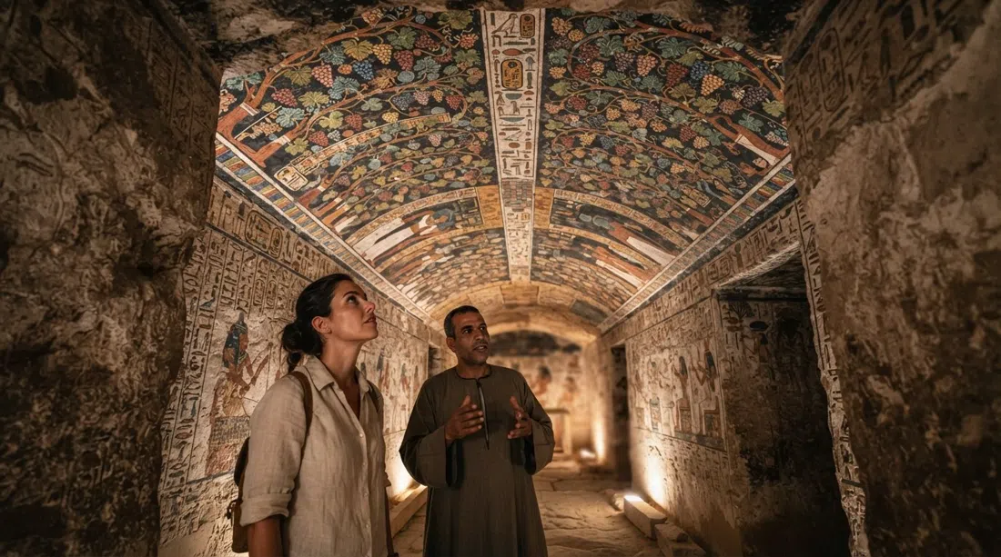 el techo pintado de la Tumba de Sennefer con racimos de uvas colgantes sobre una estrecha cámara excavada en la roca, iluminado por un suave resplandor parecido a una antorcha