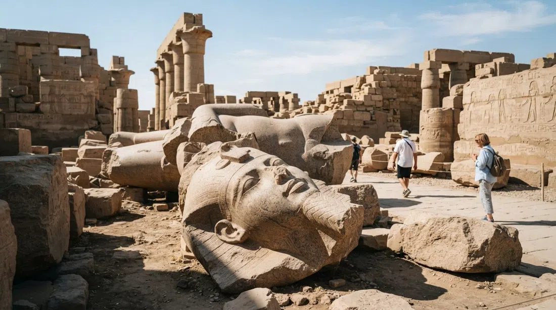 el coloso destrozado en el Ramesseum yaciendo en piezas rotas en el patio del templo, el sol de última hora de la mañana arrojando sombras duras sobre la piedra