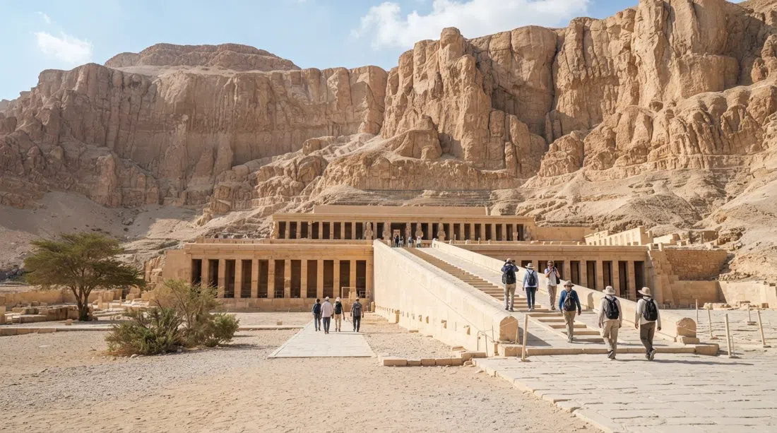la fachada en terrazas del Templo de Hatshepsut en Deir el-Bahari enmarcada por escarpados acantilados de piedra caliza bajo el brillante sol de la Ribera Occidental