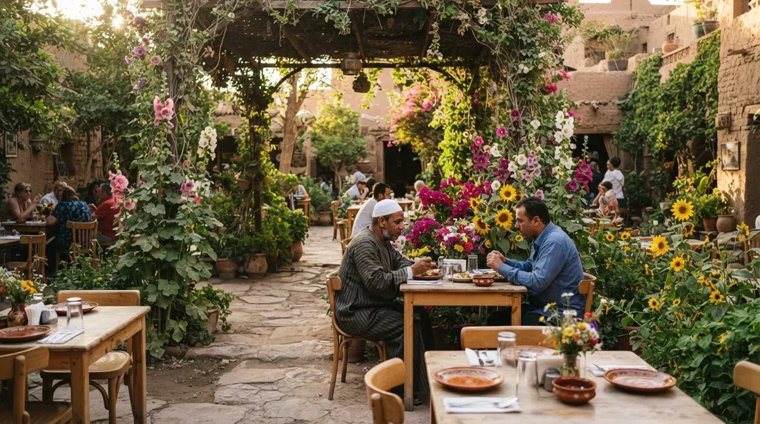 el restaurante jardín sombreado del Hotel Marsam con malvas, girasoles y mesas sencillas preparadas para el almuerzo en la cálida luz de la tarde
