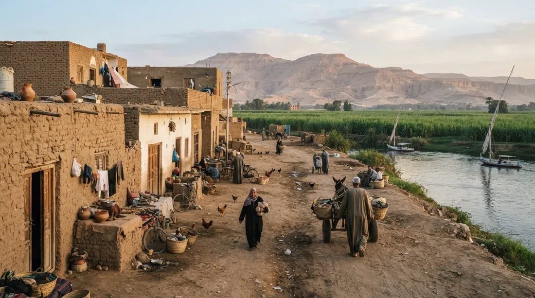 casas de adobe y casas de huéspedes de techo plano a lo largo del camino sin pavimentar de Ramlah junto al Nilo, con campos de caña de azúcar y las montañas tebanas al fondo a la luz del amanecer
