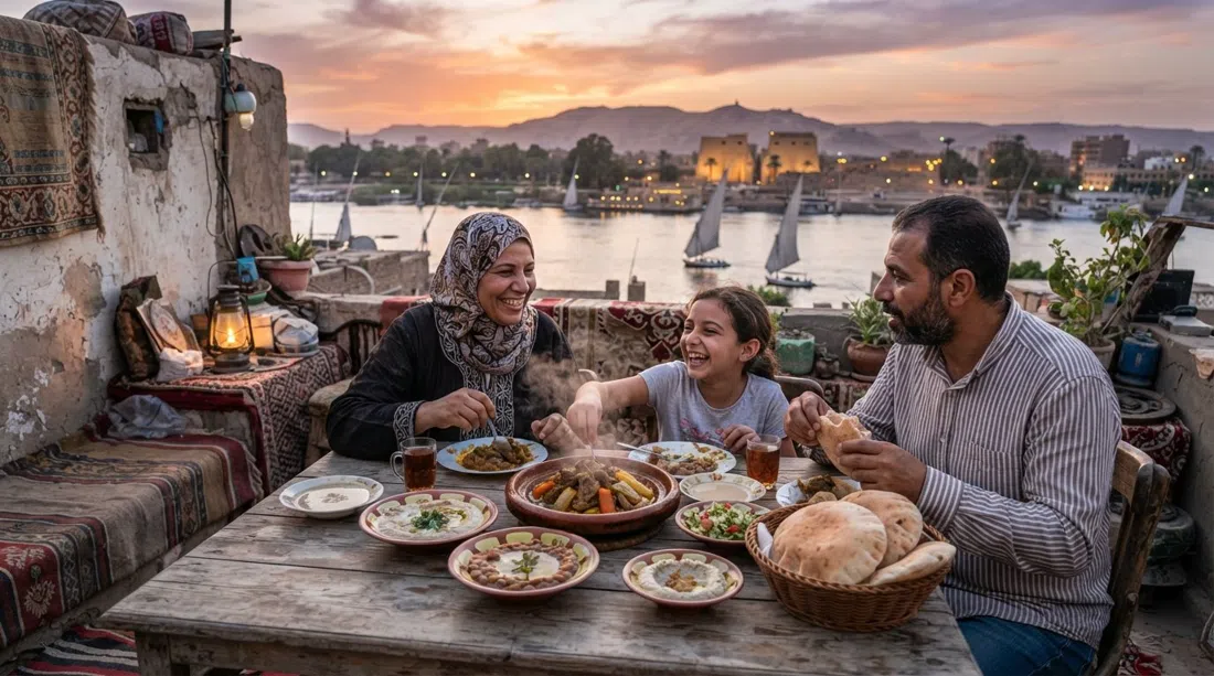 una cena casera egipcia en la azotea en Ramlah con pan baladi, fuul y tagine servidos al atardecer, el Nilo y la orilla este visibles al fondo