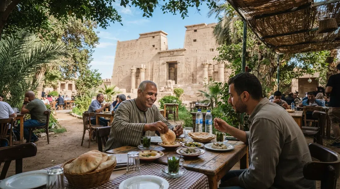las mesas de jardín del Café & Restaurant Maratonga frente a Medinet Habu, con pan fresco, sombra frondosa y la fachada del templo al fondo
