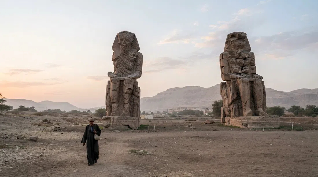 los Colosos de Memnón al amanecer, dos enormes estatuas de cuarcita que se elevan desde la llanura de la orilla oeste con un cielo pálido del amanecer y sin multitudes