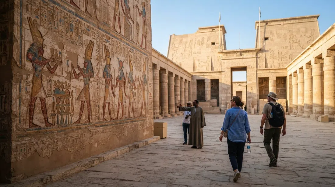 los relieves pintados de Medinet Habu en luz lateral cálida, mostrando colores vivos en la pared del templo con los enormes pilones de entrada detrás