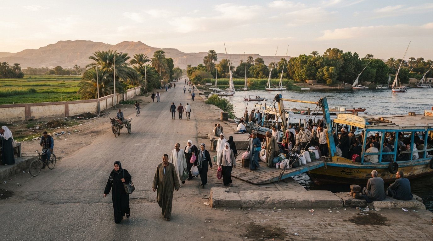the public ferry landing at Al-Gezira on the West Bank, with the river, a few waiting passengers and the straight road leading inland toward the fields