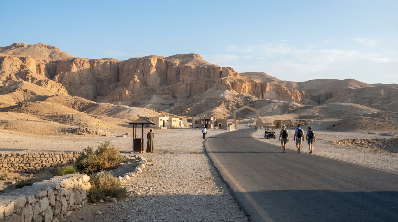 the Valley of the Kings entrance road in early morning light, with desert hills rising beyond and the sense of a site opening before the crowds arrive
