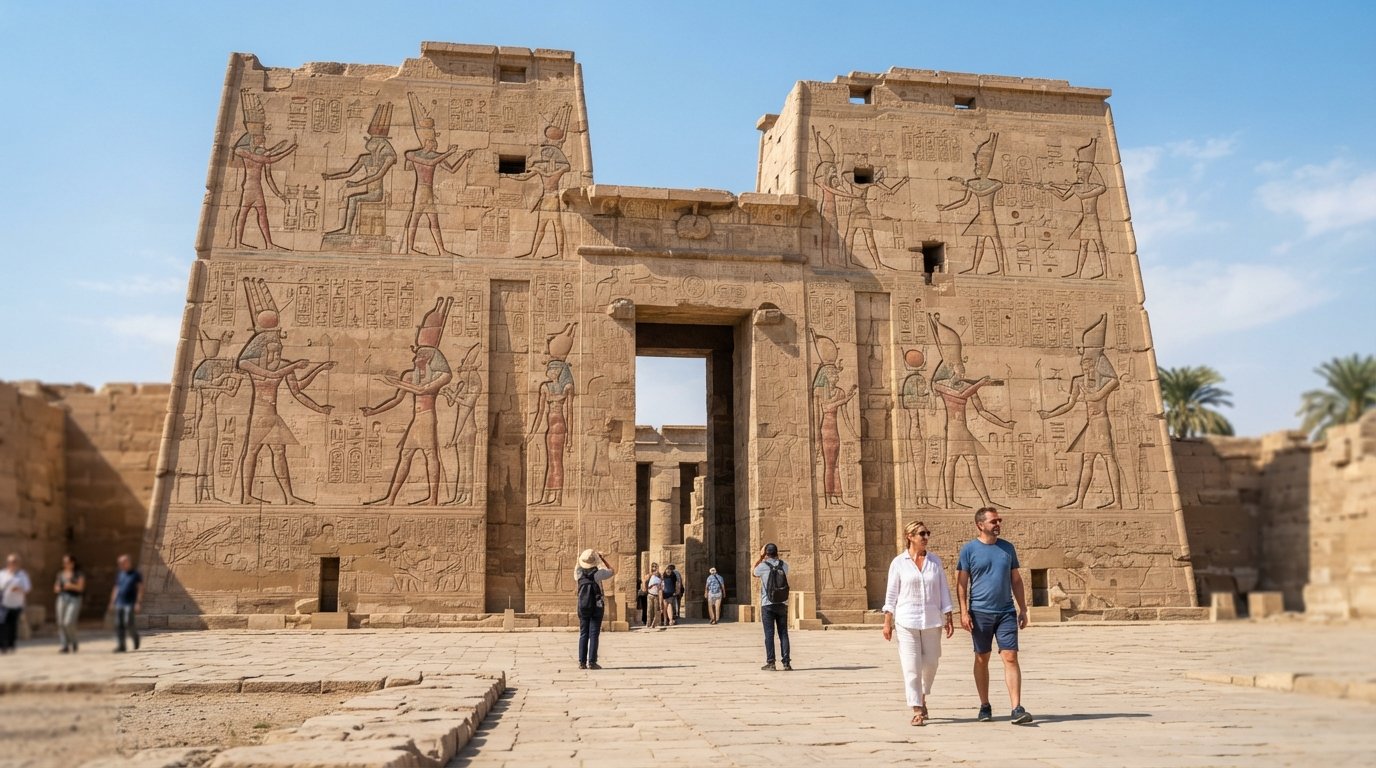 Medinet Habu’s massive pylons and surviving painted reliefs in bright desert sun, with colour still visible on the stone walls